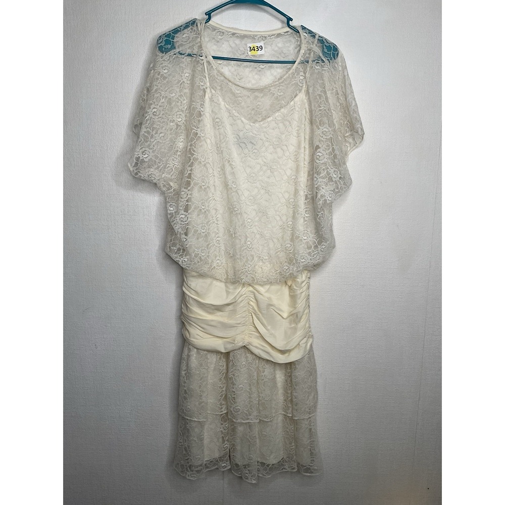Vintage Wedding Dress Ruched Drop Waist Lace Bodice Skirt Size M to L IvoryCream